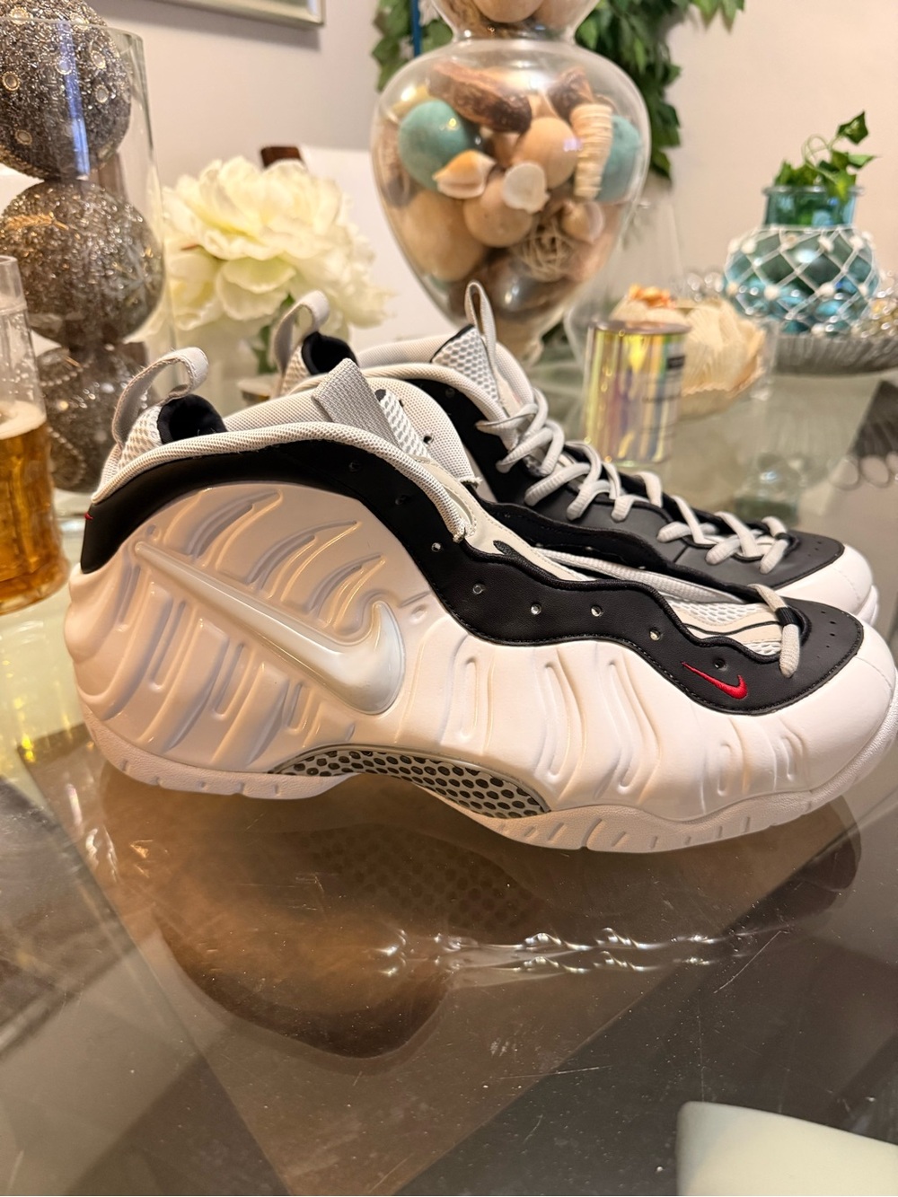 Nike Men’s White and Black Foamposite Sneakers with Red Accent